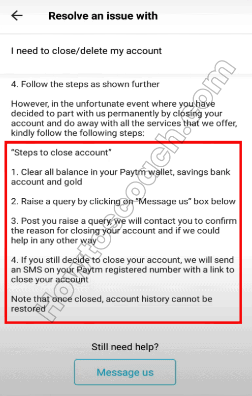 La aplicación le enviará algunos recordatorios que debe seguir para cerrar con éxito su cuenta Paytm