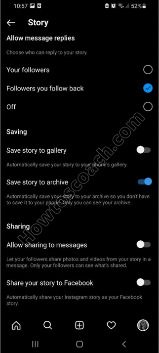 Desplázate hacia abajo y activa la opción de Comparte tu historia en Facebook.