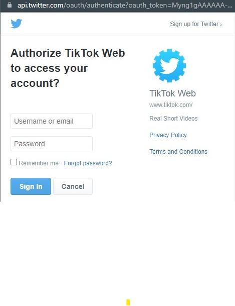 Inicie sesión en TikTok a través de Twitter.