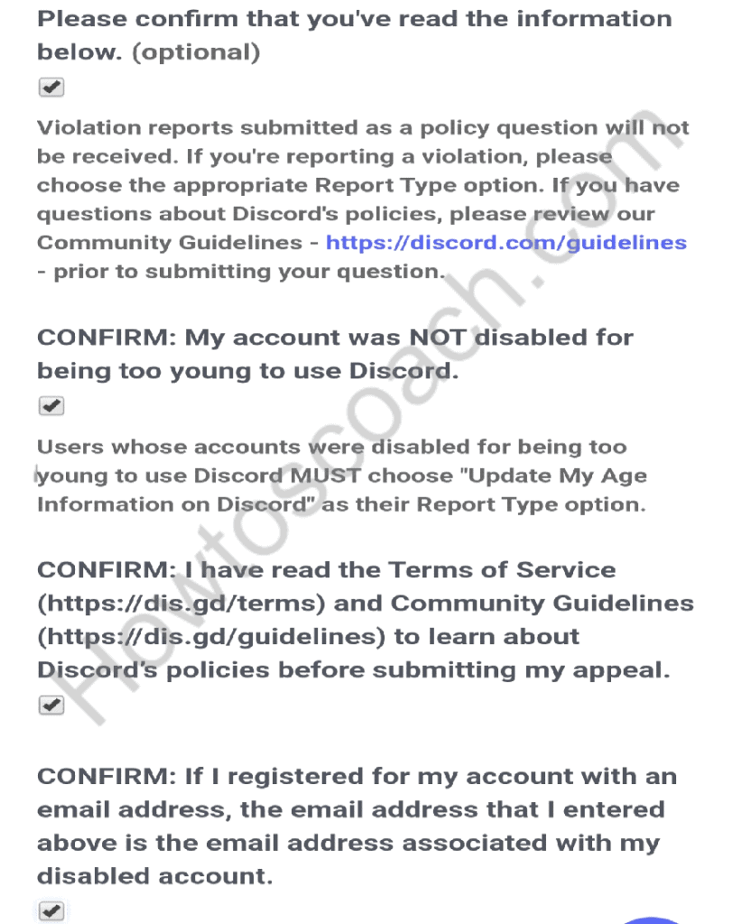 Confirme las casillas de verificación en "Mi cuenta NO fue deshabilitada por ser demasiado joven para usar Discord"