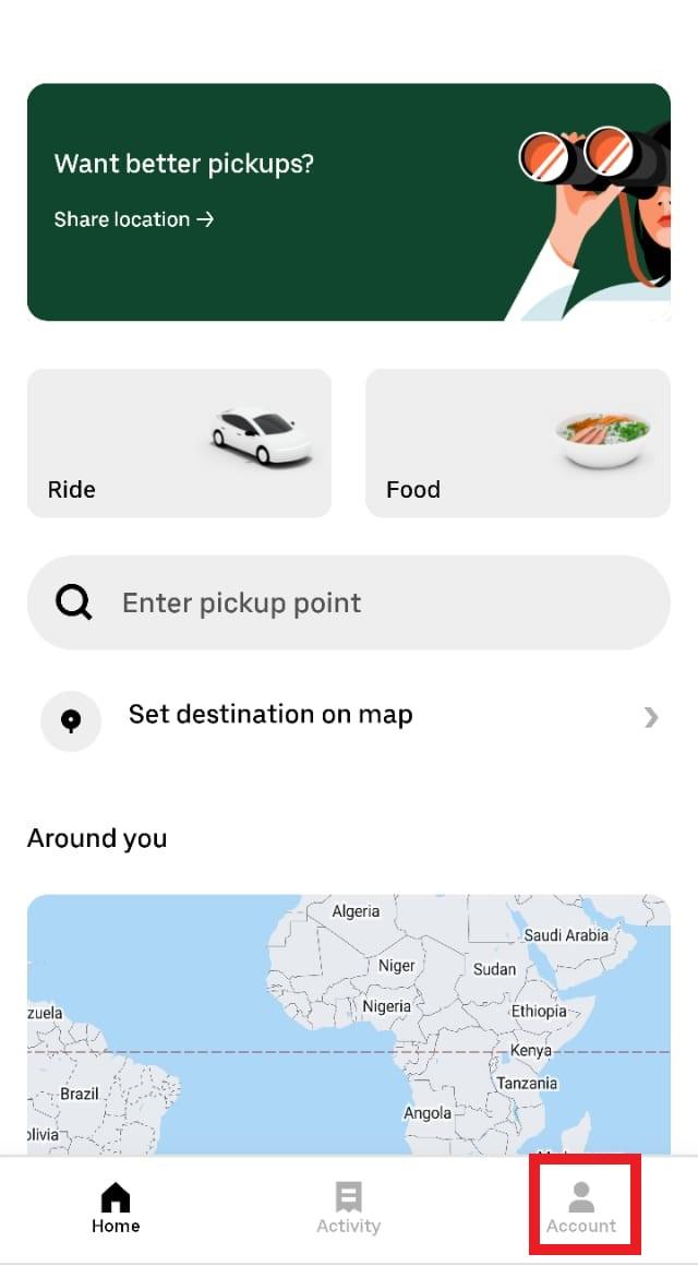 Abra su aplicación Uber y toque Cuenta en la parte inferior derecha de su pantalla.