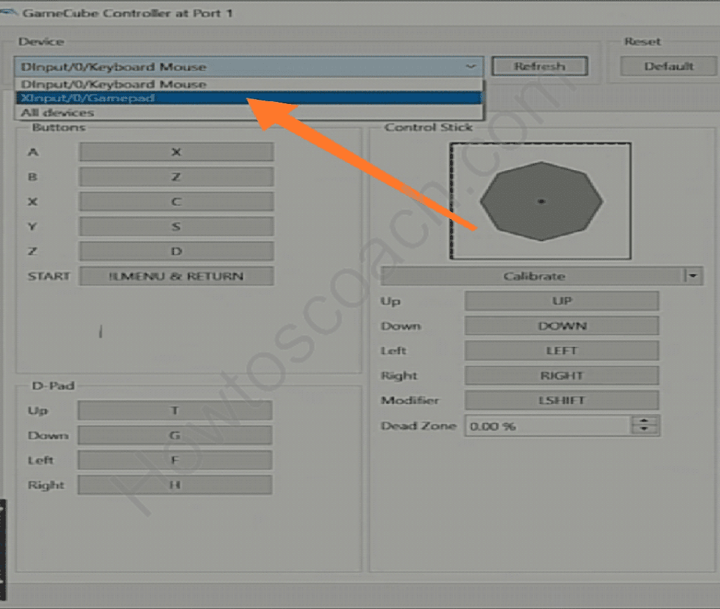 seleccione "xinput/0/Gamepad" para elegir su controlador de Xbox