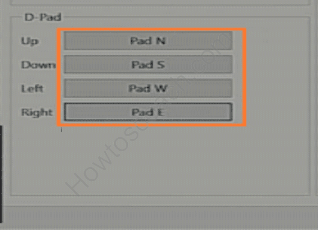 Debajo del D-pad, cambie Arriba, Abajo, izquierda y derecha a Pad N, Pad S, Pad W y Pad E, respectivamente.